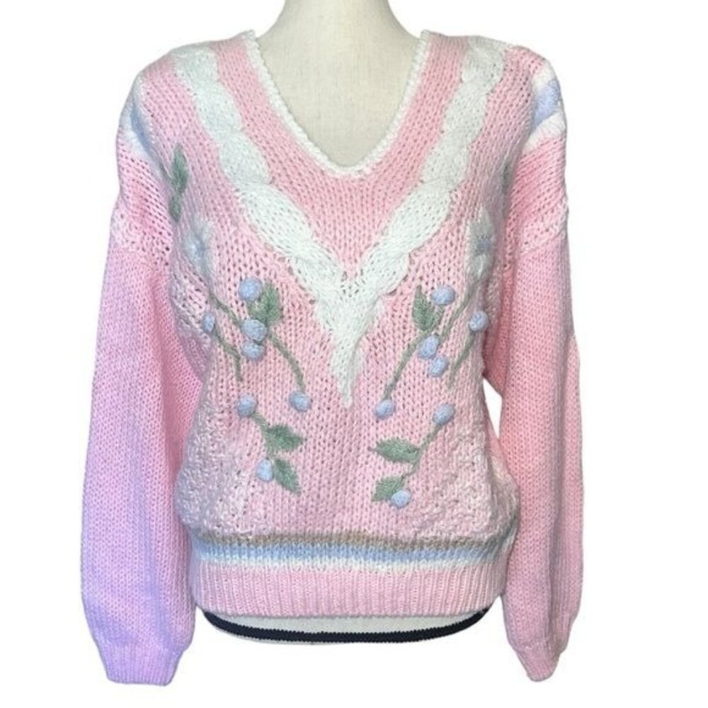 SML Sport Womens Hand-Knit Pink V-Neck Floral Sweater Medium Ramie Blend Vintage